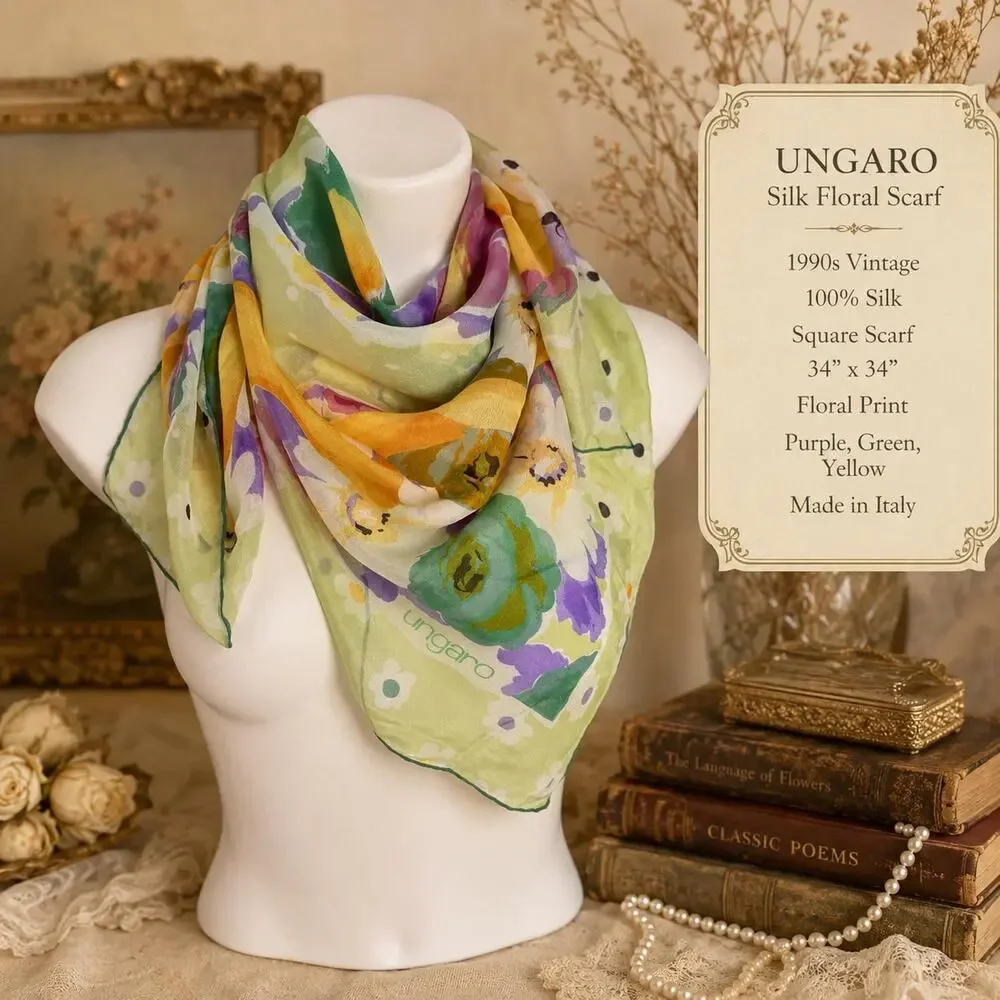 Vintage Ungaro Silk Floral Scarf 1990s Purple Green Yellow Square 34x34